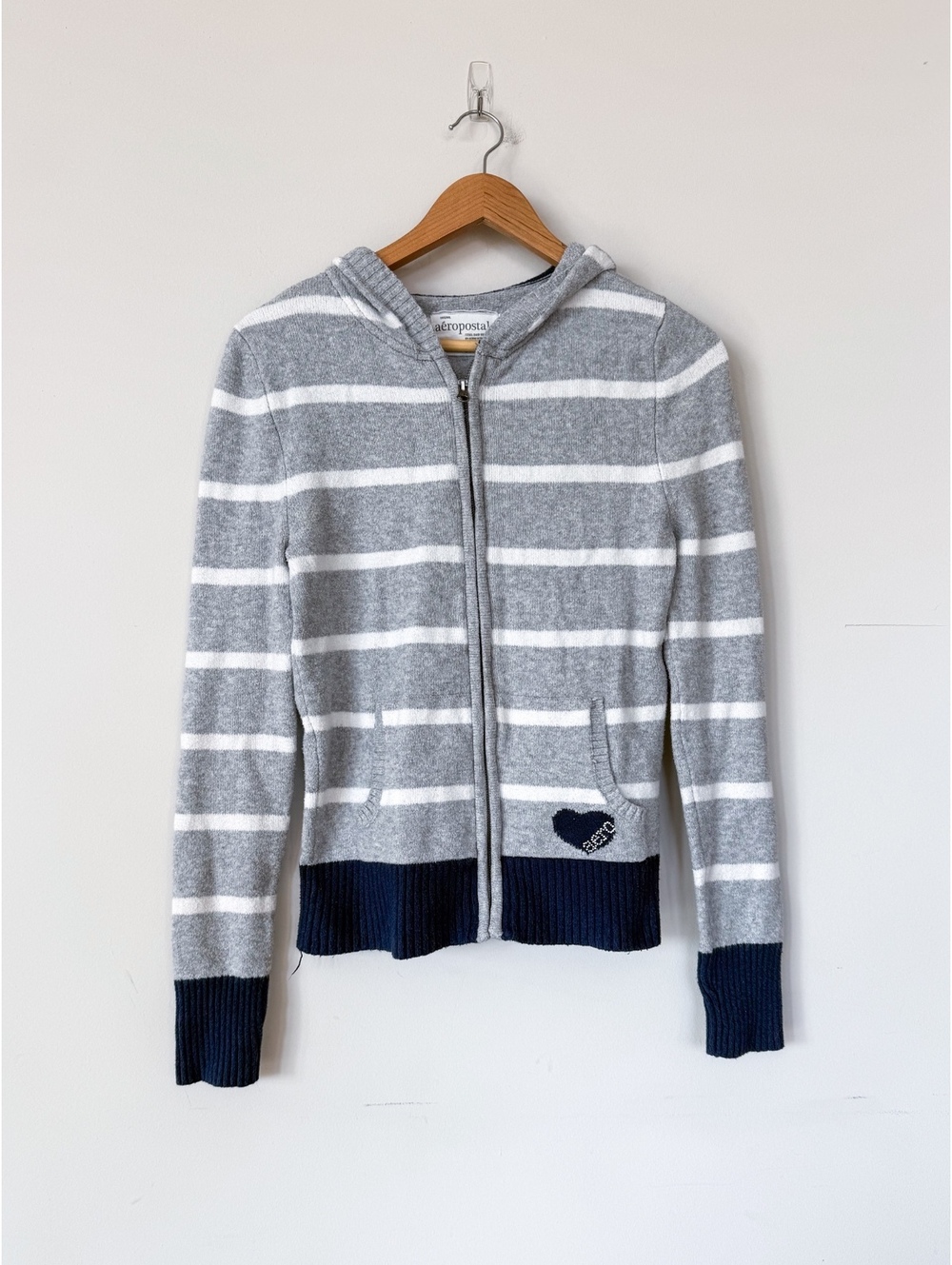 Y2K Aeropostale Gray White Striped Knit Hoodie Sweatshirt Y2K Rhinestone Logo